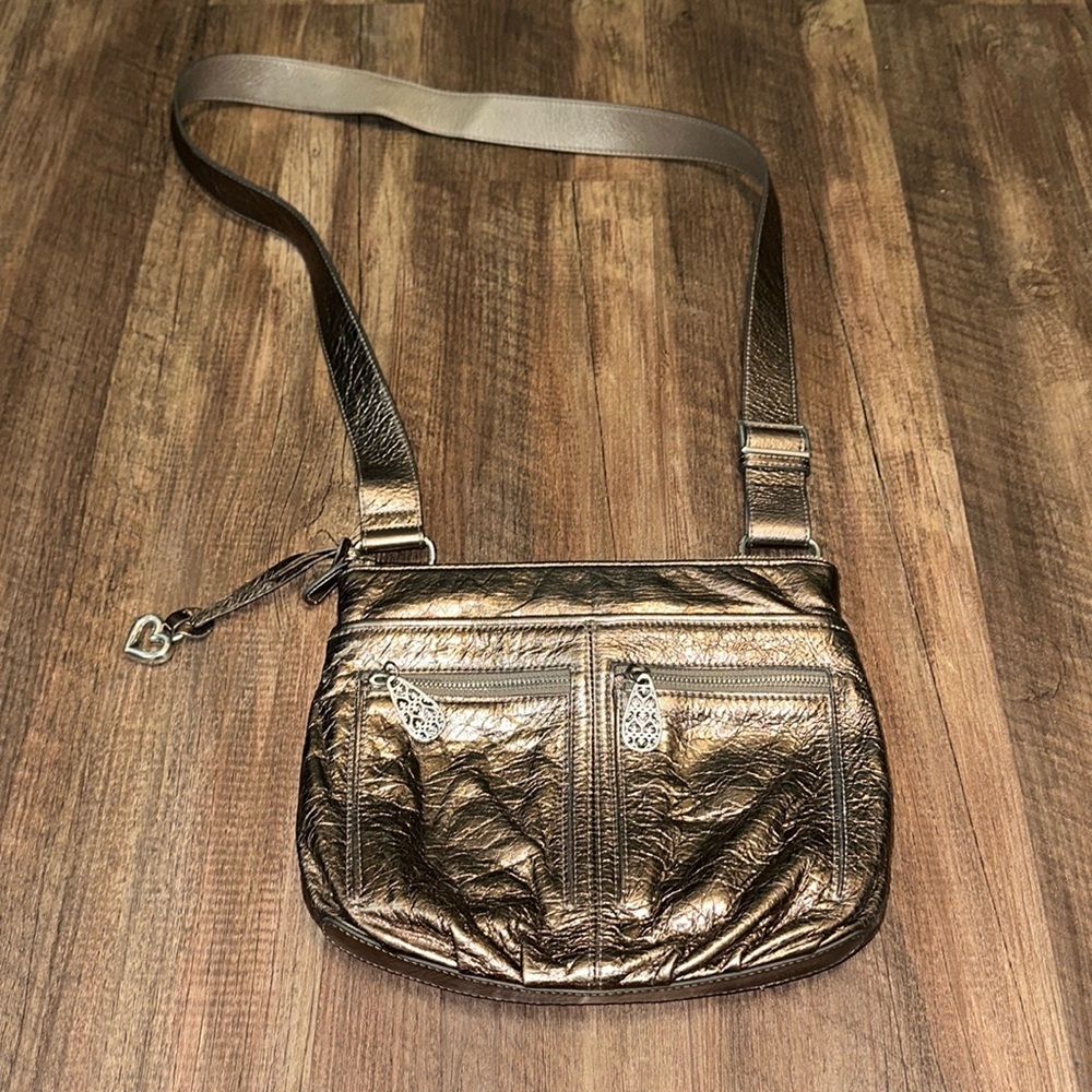 Brighton Zoe Metallic bronze crinkled‎ genuine leather Crossbody Purse/Bag EUC